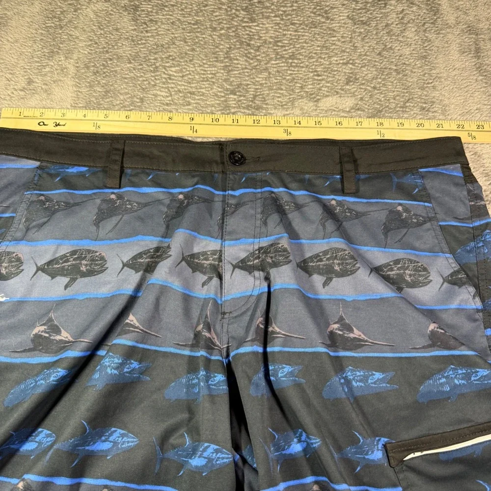 Huk Mens 42 Fishing Board Shorts Gray Blue Mahi Marlin Performance Cargo Pockets